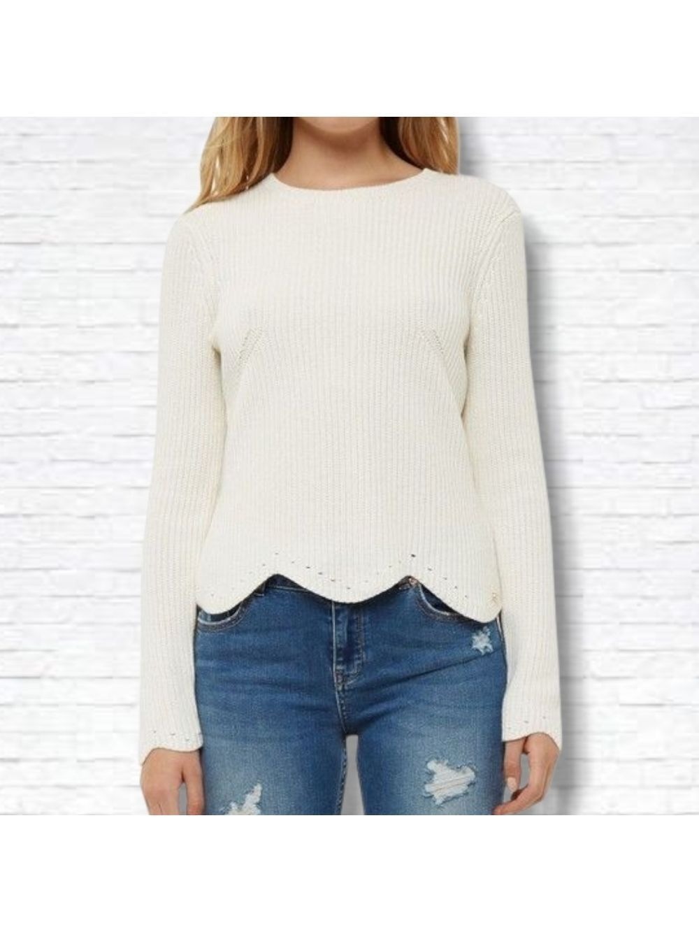 Ted Baker Finda Cream White Wool Blend Rib Knit Scallop Hem Sweater Size 1/XS